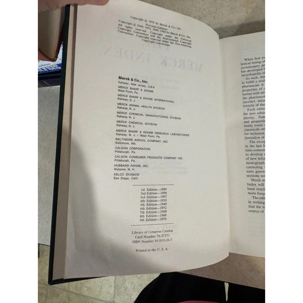 The Merck Index Ninth Edition 1976 Encyclopedia of Chemicals and Drugs Hardcover